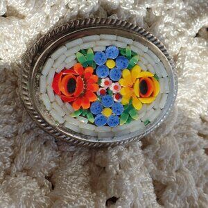 Vintage Italian Micro Mosaic Floral Brooch Pin